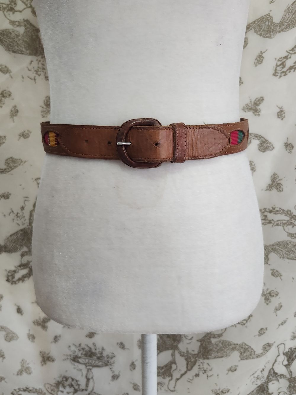 Vintage Guatemalan Brown Leather Belt hand-woven geometric tapestry inserts 28